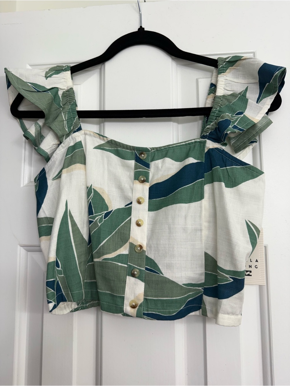 Billabong Green and Cream Leaf Print Ruffle Strap Crop Top
